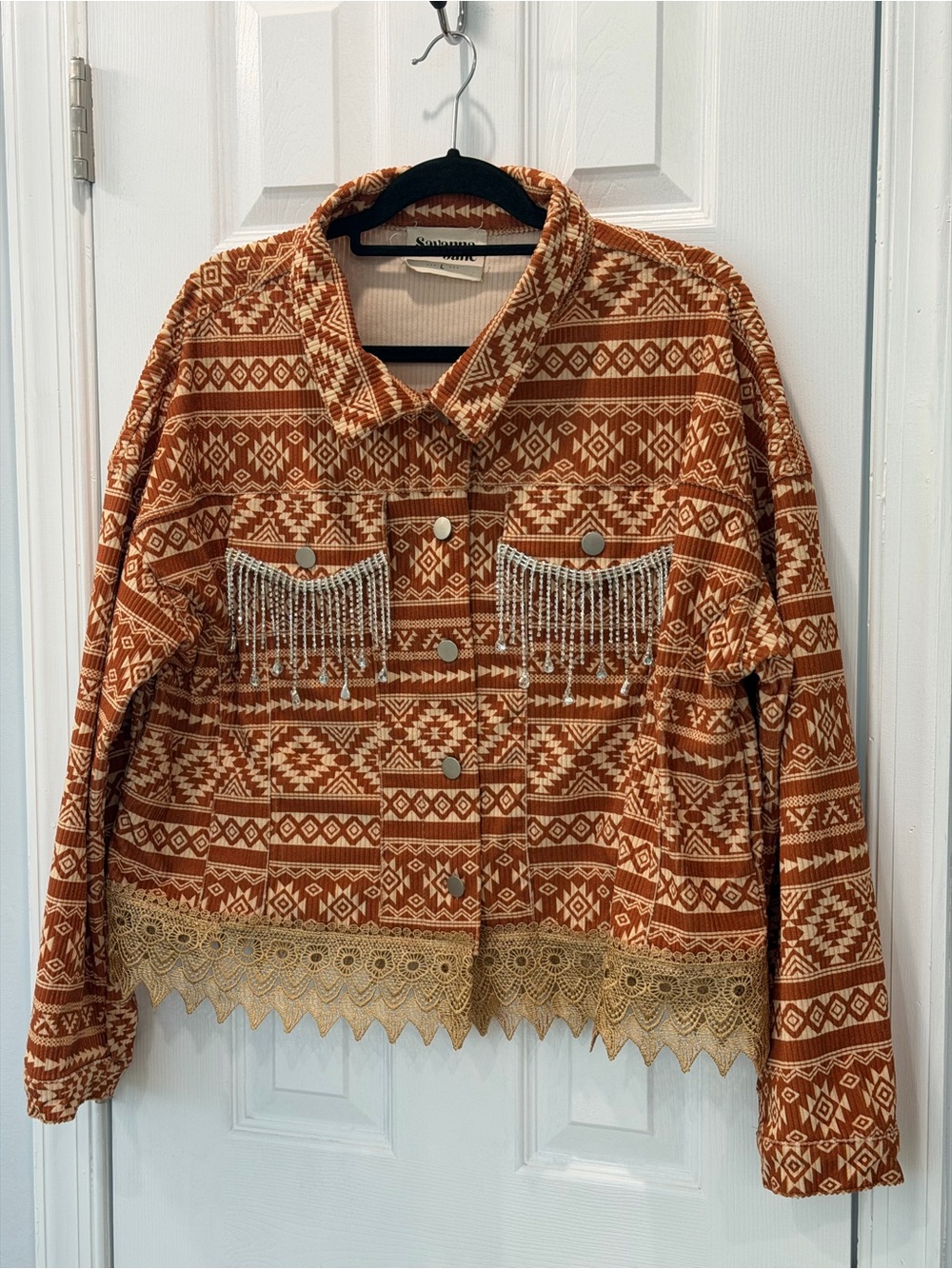 Savanna Jane Rust and Cream Aztec Fringe Jean Jacket